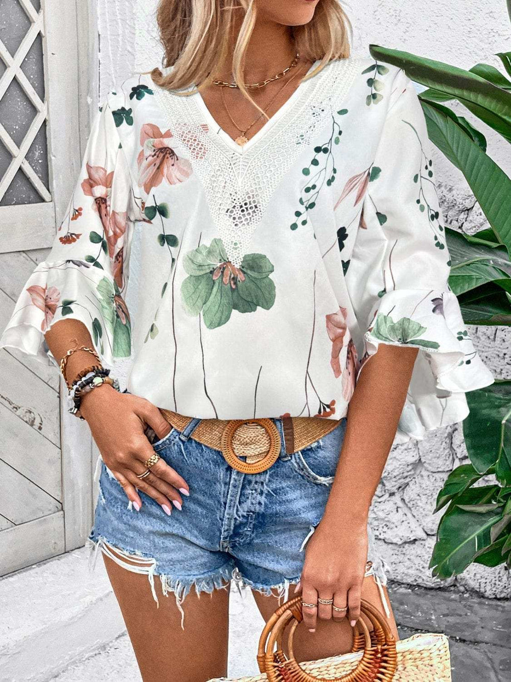 Ruffled Printed V-Neck Half Sleeve Blouse - Trendsi - Flyclothing LLC