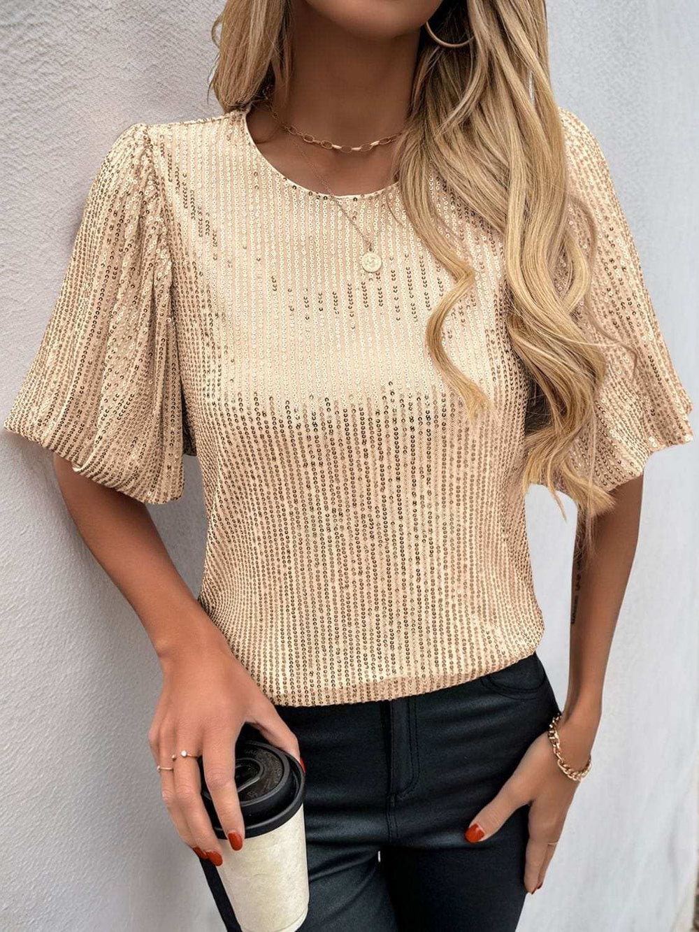 Sequin Round Neck Half Sleeve Top - Trendsi - Flyclothing LLC