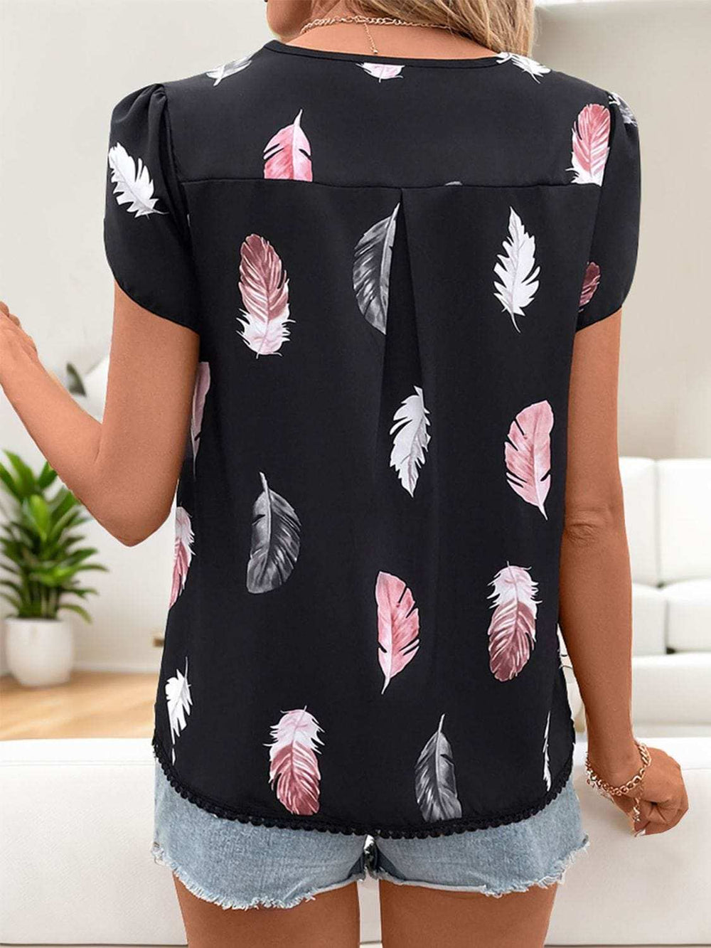 Printed V-Neck Short Sleeve Blouse - Trendsi - Flyclothing LLC