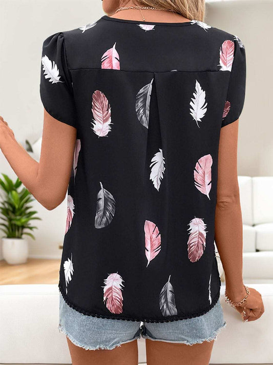 Printed V-Neck Short Sleeve Blouse - Trendsi - Flyclothing LLC