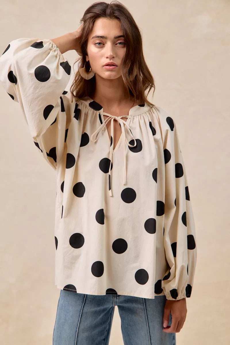 BiBi Polka Dot Exaggerated Balloon Sleeves Blouse - Trendsi - Flyclothing LLC