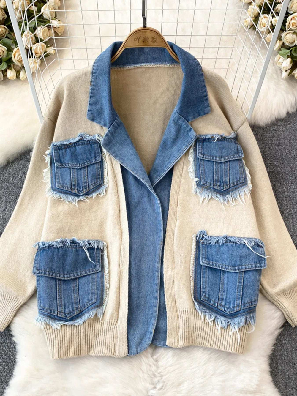Raw Hem Denim Pocket Patchwork Cardigan - Trendsi - Flyclothing LLC