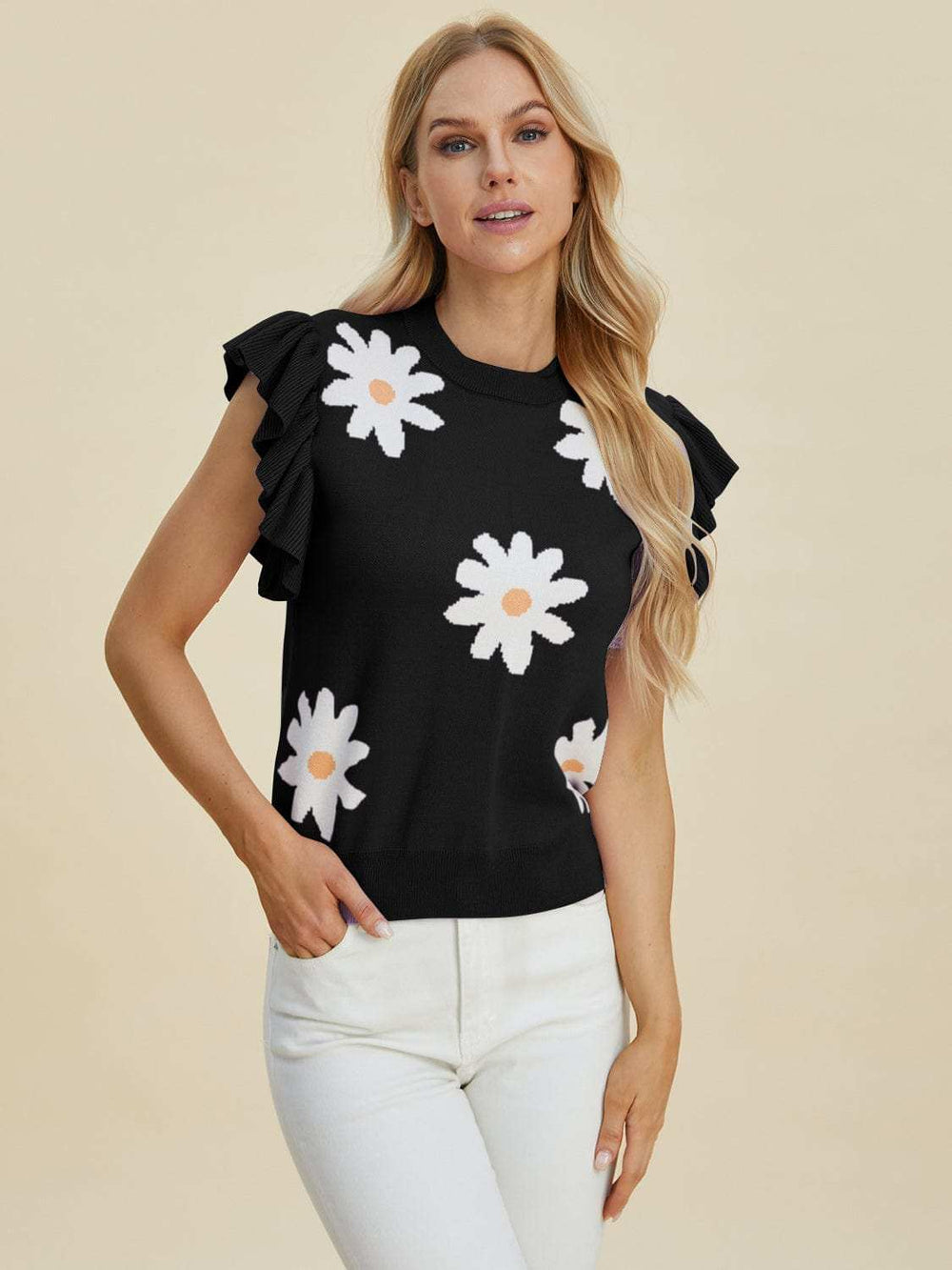 Double Take Full Size Ruffled Flower Round Neck Cap Sleeve Sweater - Trendsi - Flyclothing LLC