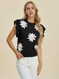 Double Take Full Size Ruffled Flower Round Neck Cap Sleeve Sweater - Trendsi - Flyclothing LLC
