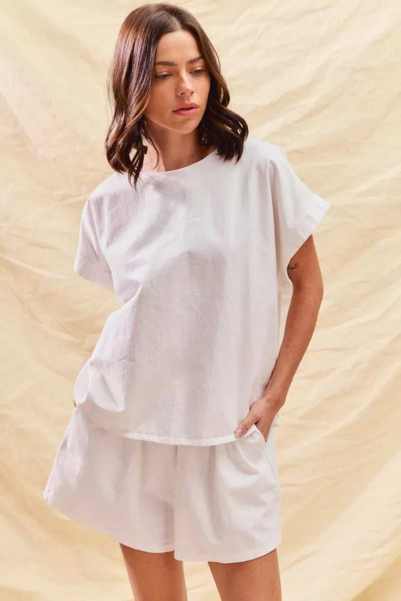 SO ME Round Neck Short Sleeve Top and Shorts Set - Trendsi - Flyclothing LLC