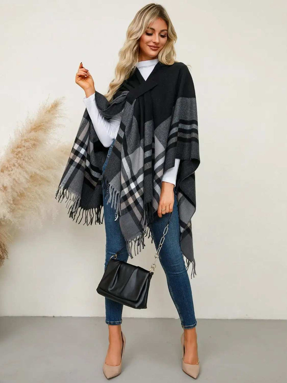 Fringe Contrast Plaid Poncho - Trendsi - Flyclothing LLC