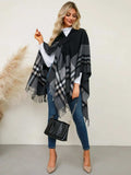 Fringe Contrast Plaid Poncho - Trendsi - Flyclothing LLC