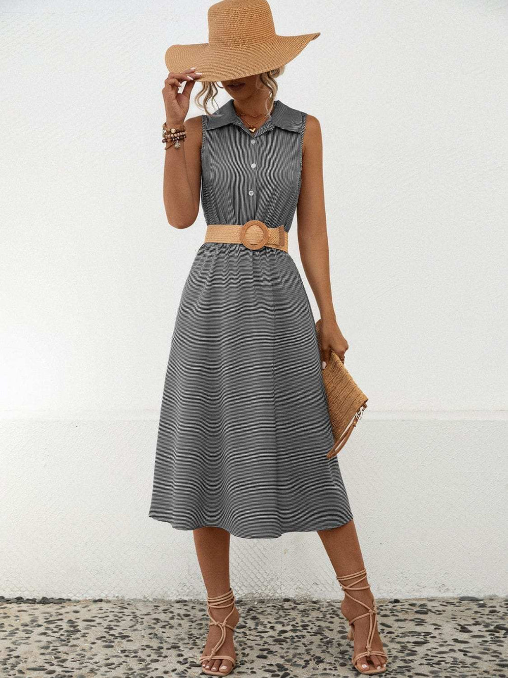 Striped Collared Neck Sleeveless Midi Dress - Trendsi - Flyclothing LLC