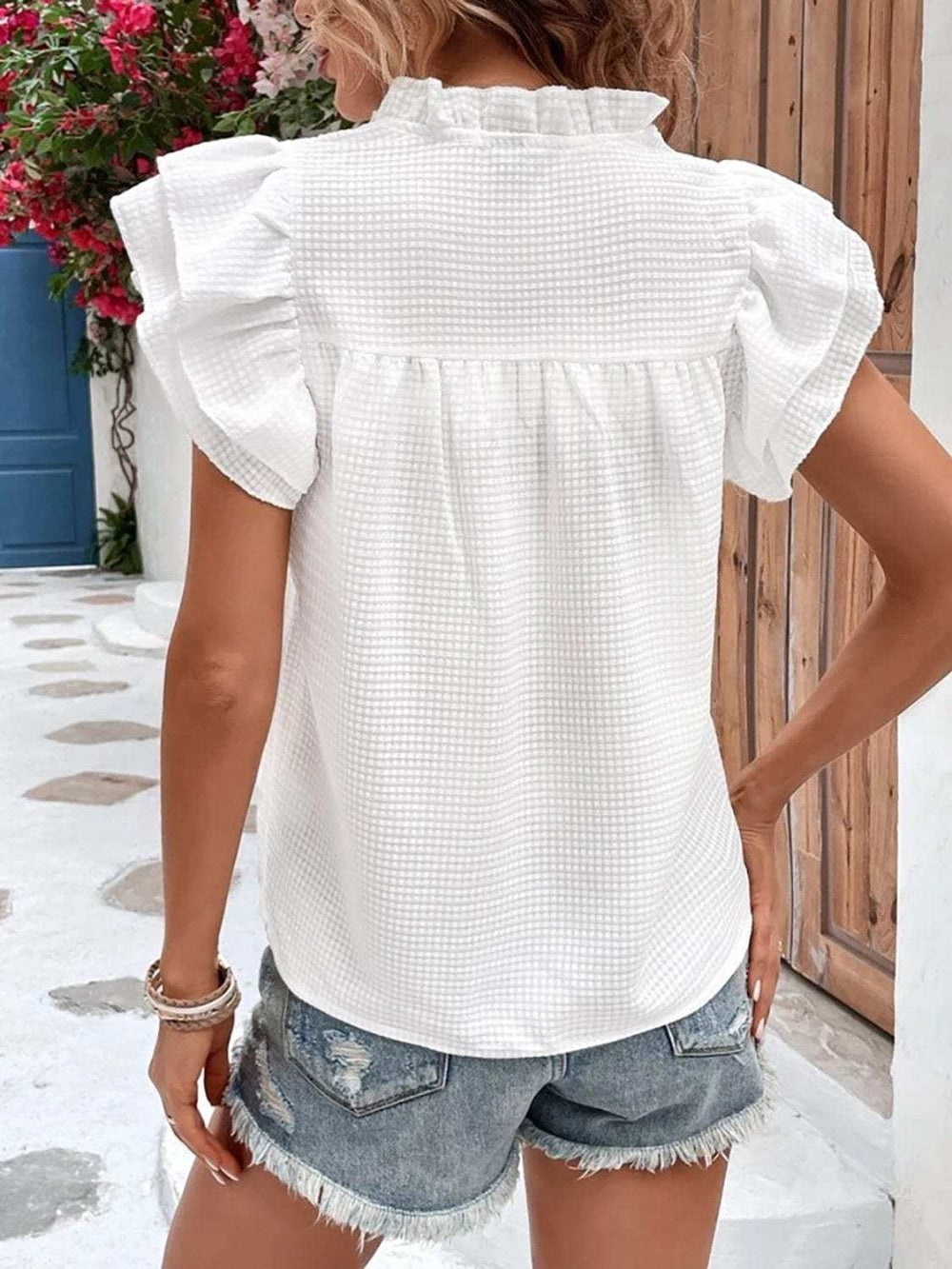 Ruffled Notched Cap Sleeve Blouse - Trendsi - Flyclothing LLC