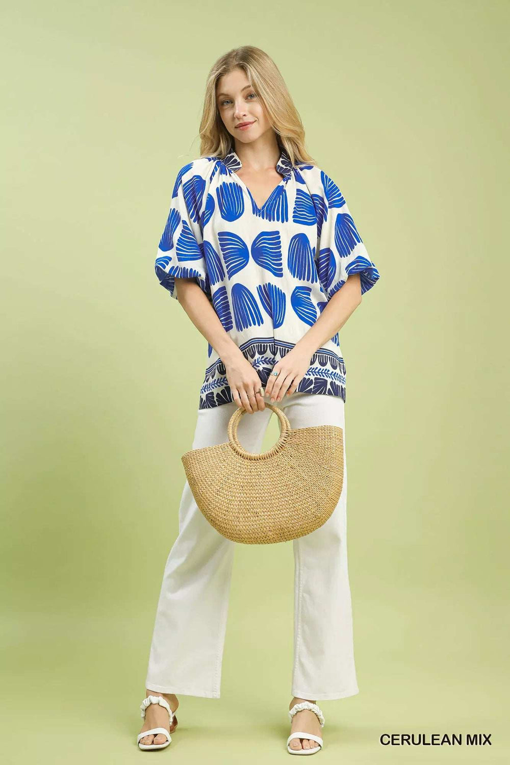 Umgee Shell Block Border Print Puff Sleeve Blouse - Trendsi - Flyclothing LLC