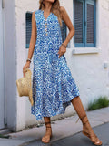 Perfee Decorative Button Printed Notched Sleeveless Midi Dress - Trendsi - Flyclothing LLC