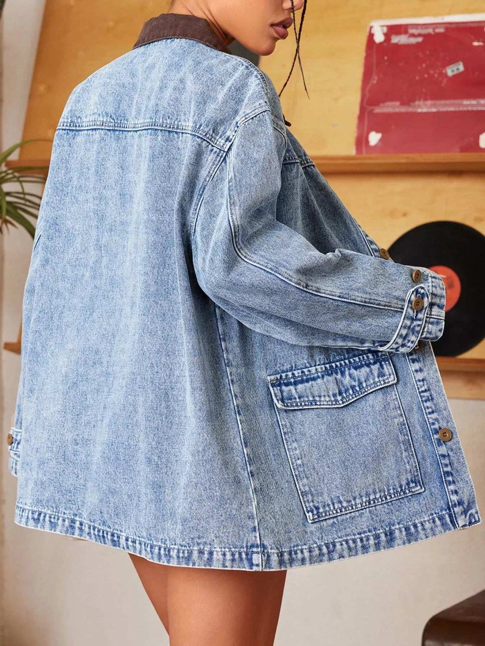 Vintage Wash Denim Jacket with Contrast Collar - Trendsi - Flyclothing LLC