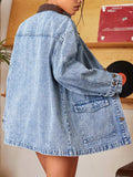Vintage Wash Denim Jacket with Contrast Collar - Trendsi - Flyclothing LLC
