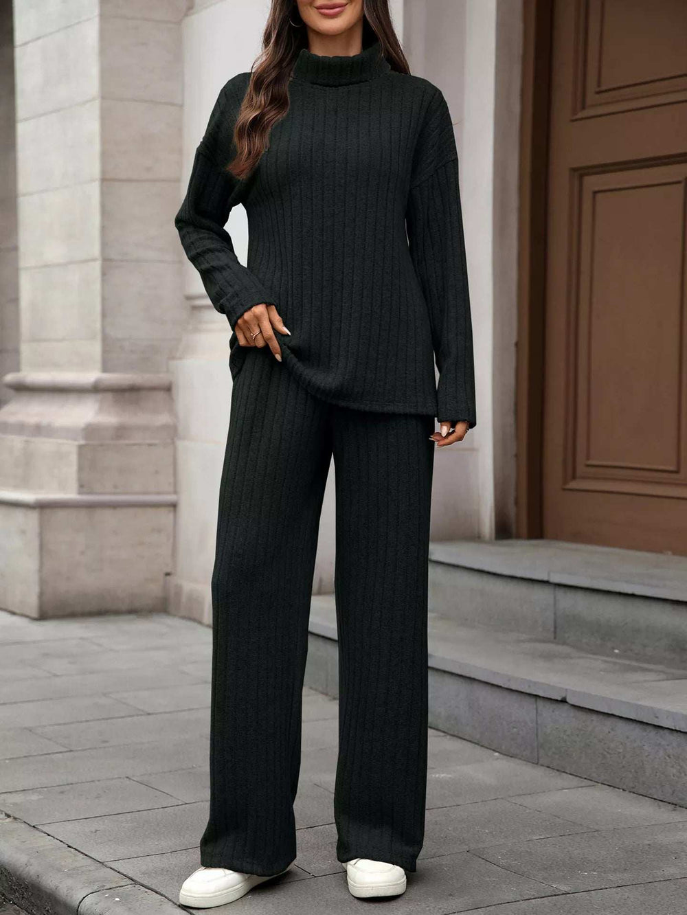 Ribbed Turtleneck Dropped Shoulder Top and Pants Sweater Set - Trendsi - Flyclothing LLC