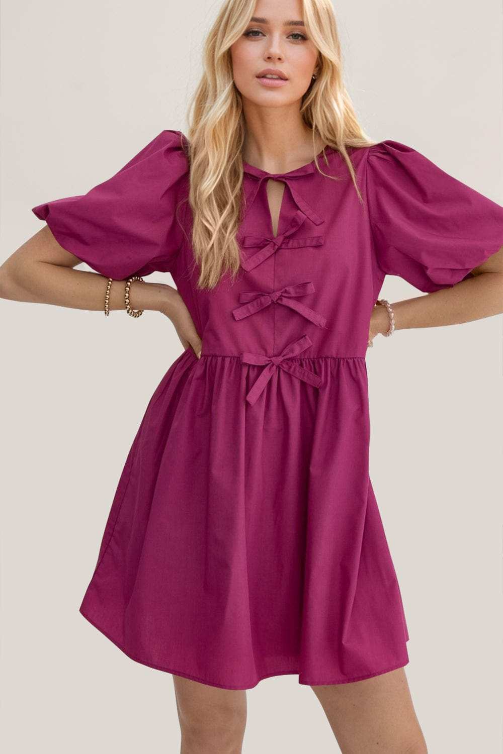 Oh Bow Ruched Puff Sleeve Mini Dress - Trendsi - Flyclothing LLC