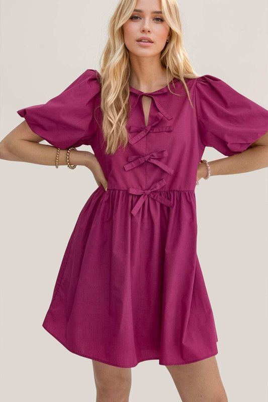 Oh Bow Ruched Puff Sleeve Mini Dress - Trendsi - Flyclothing LLC