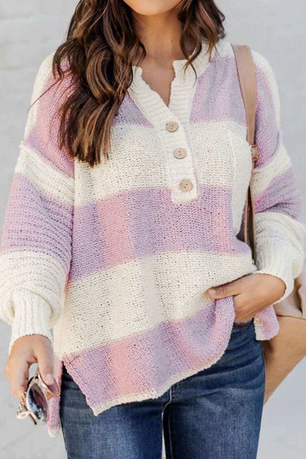 Striped Half Button Ribbed Sweater - Trendsi - Flyclothing LLC