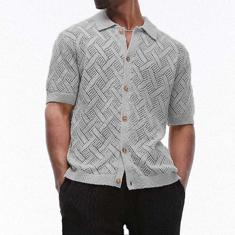 Men's Button Down Collared Neck Eyelet Knit Shirt - Trendsi - Flyclothing LLC