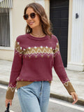 Contrast Round Neck Long Sleeve Sweater - Trendsi - Flyclothing LLC
