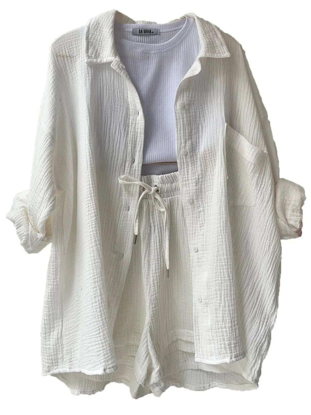 Textured Button Up Shirt and Shorts Set - Trendsi - Flyclothing LLC