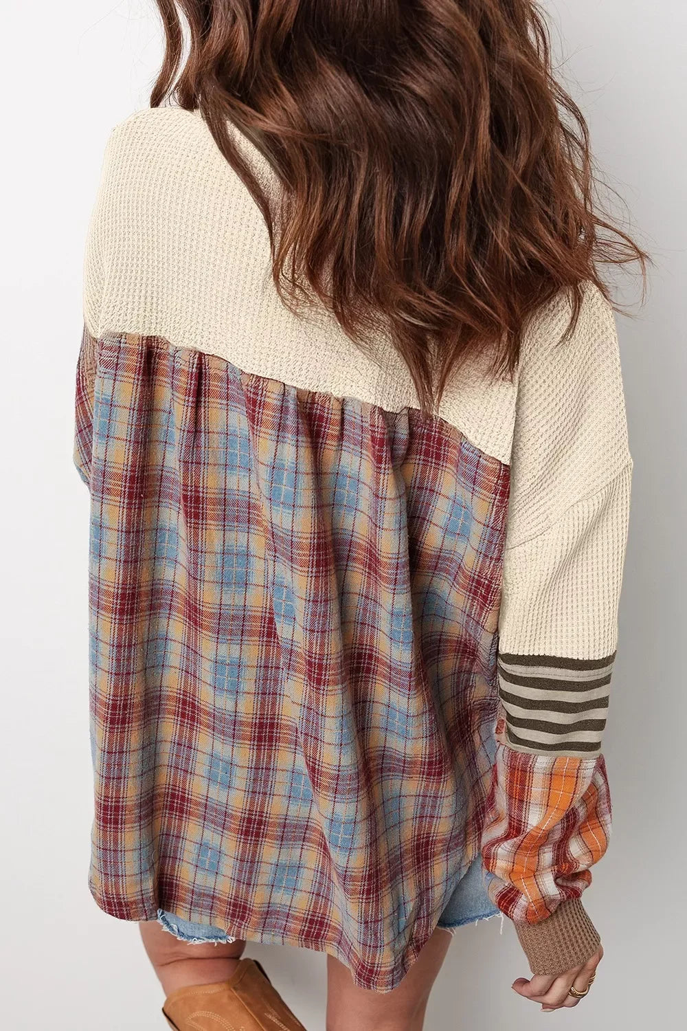Waffle Knit Plaid Patchwork Long Sleeve Blouse - Trendsi - Flyclothing LLC