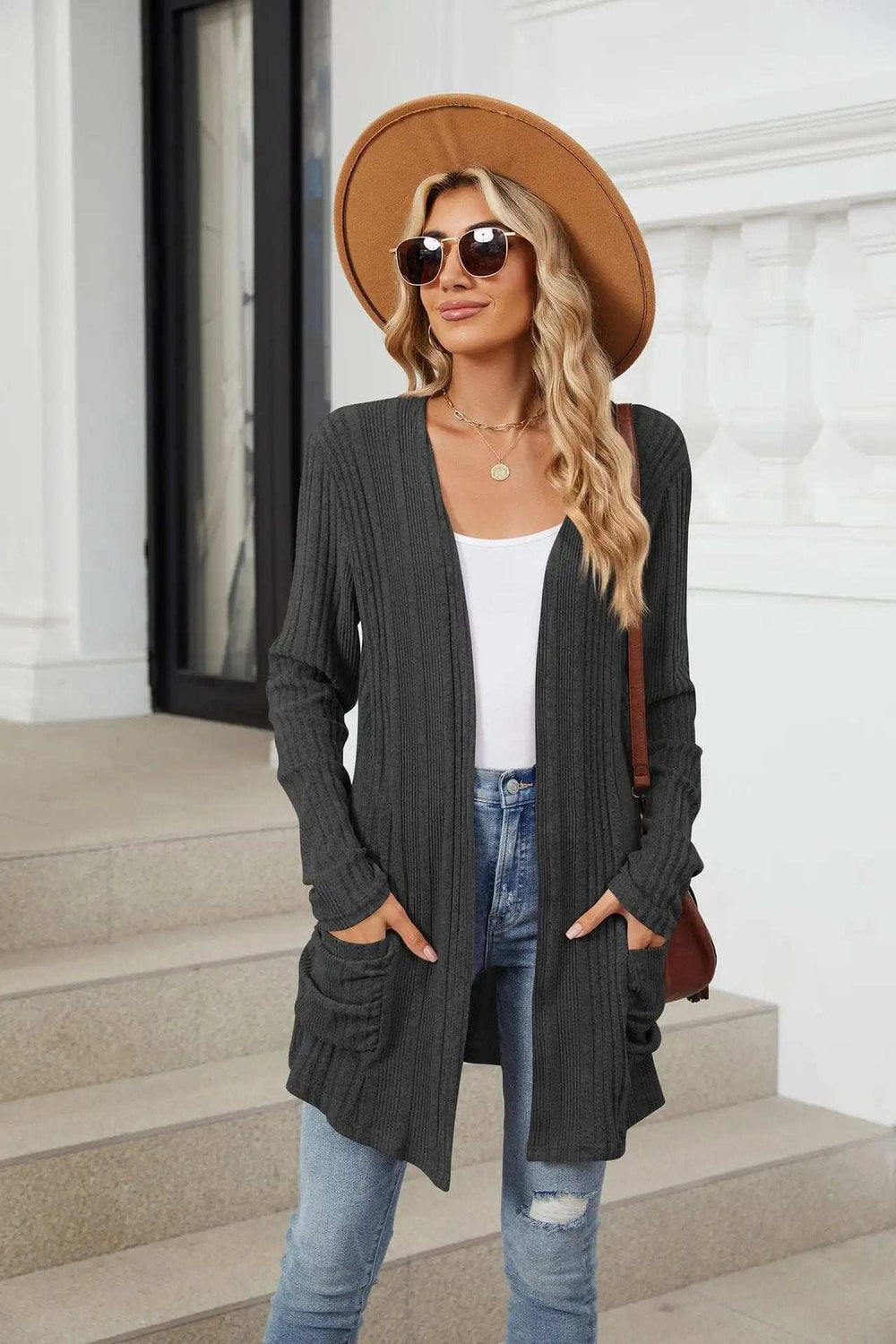 Pocketed Open Front Long Sleeve Cardigan - Trendsi - Flyclothing LLC