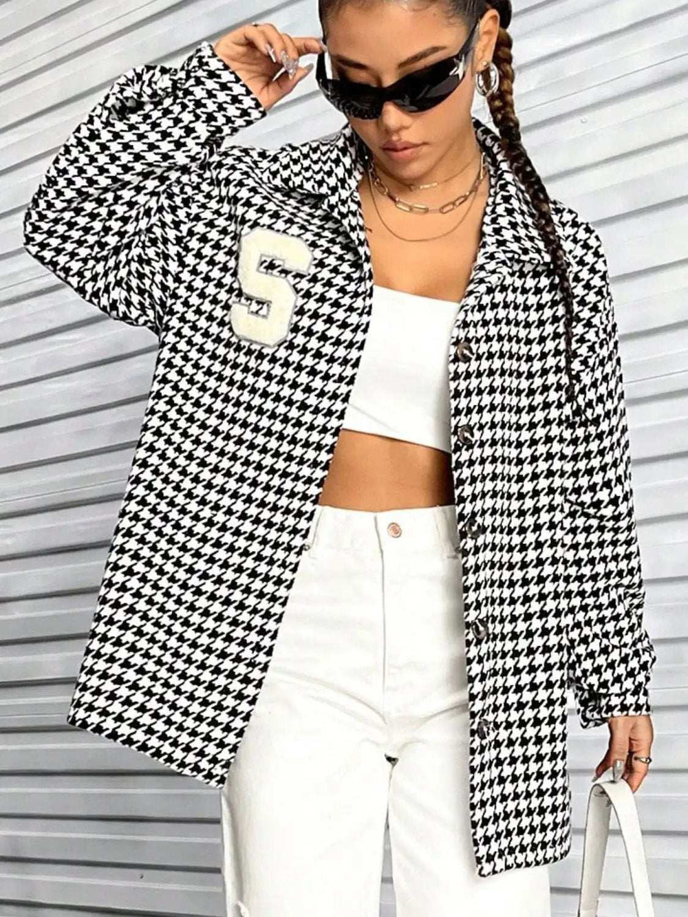 Houndstooth Button Down Long Sleeve Shacket - Trendsi - Flyclothing LLC