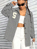 Houndstooth Button Down Long Sleeve Shacket - Trendsi - Flyclothing LLC