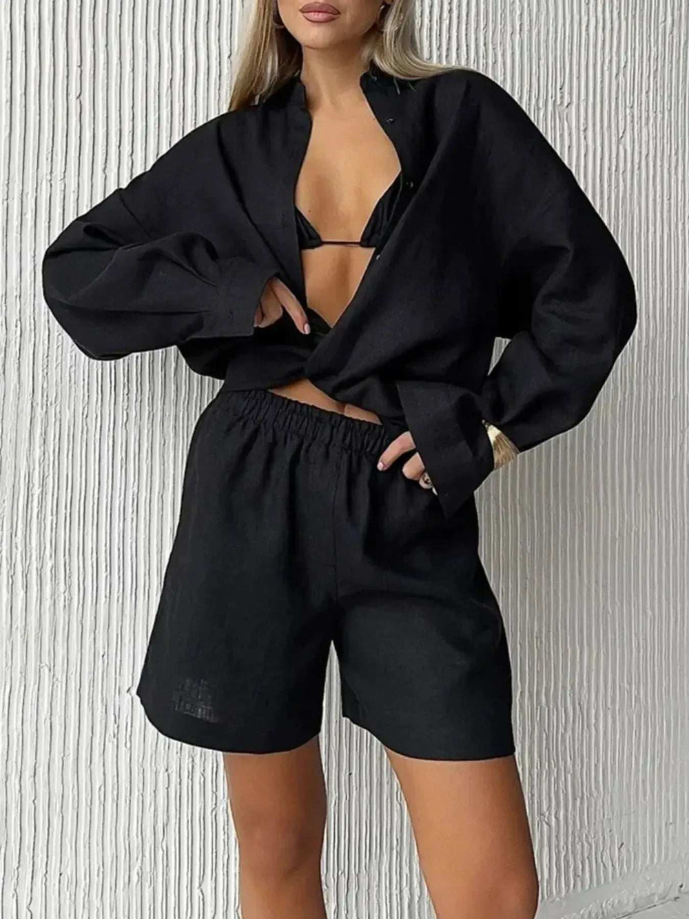 Button Up Long Sleeve Shirt and Shorts Set - Trendsi - Flyclothing LLC