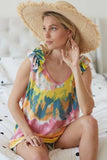 BiBi Circular Tie Dye Knit V Neck Top With Ruffle - Trendsi - Flyclothing LLC