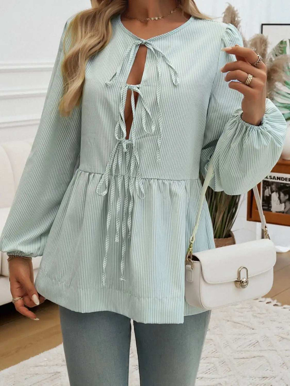 Devine Tied Striped Long Sleeve Blouse - Trendsi - Flyclothing LLC