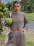 Waffle-Knit Round Neck Top and Pants Set - Trendsi - Flyclothing LLC