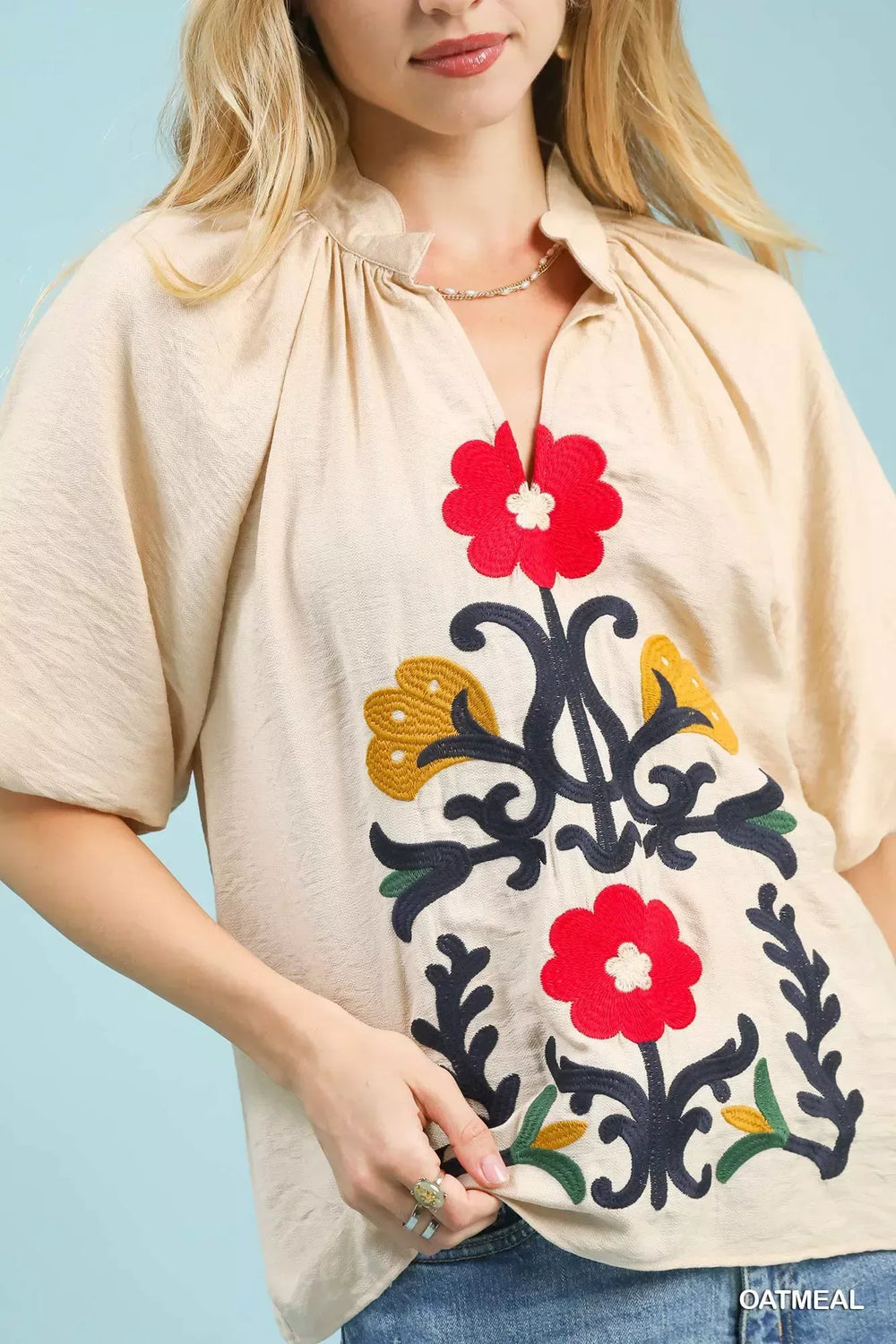 Umgee Embroidered Boho Puff Sleeve Blouse - Trendsi - Flyclothing LLC