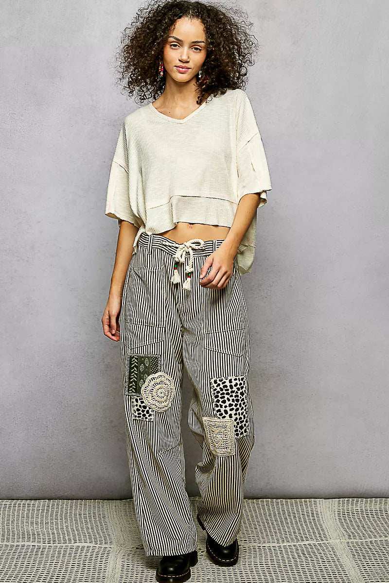 POL Short Sleeve Ccopped Rib T-Shirt with Contrast Stitch Detail - Trendsi - Flyclothing LLC