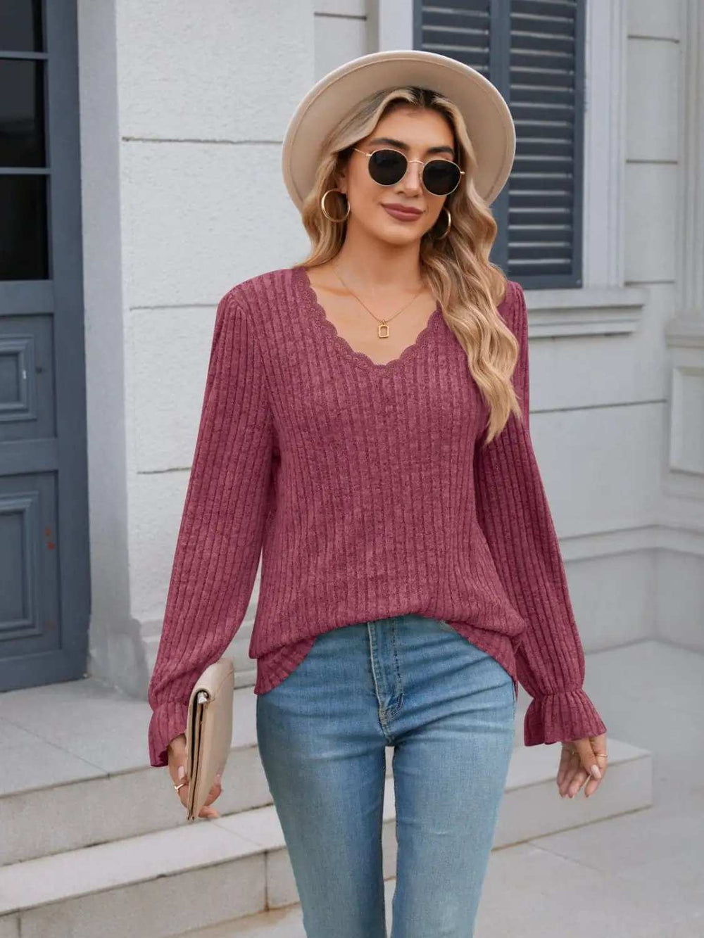 Lace Detail V-Neck Long Sleeve T-Shirt - Trendsi - Flyclothing LLC