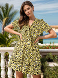 Leopard V-Neck Flounce Sleeve Mini Dress - Trendsi - Flyclothing LLC