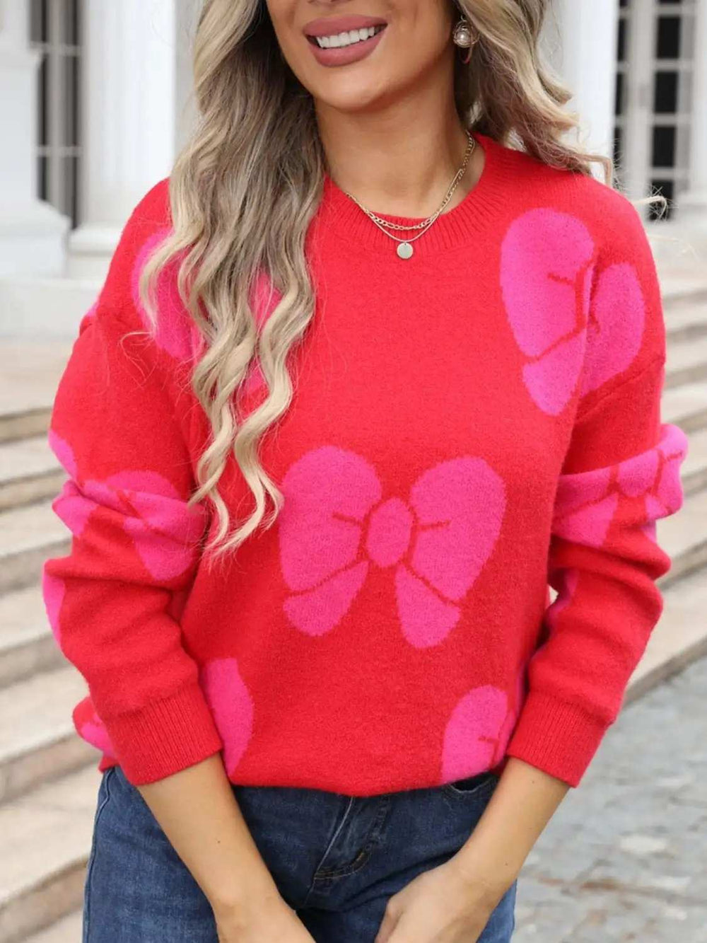 Angel Wings Bow Round Neck Dropped Shoulder Sweater - Trendsi - Flyclothing LLC