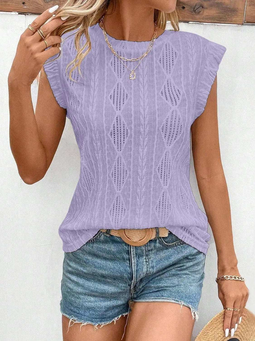 Openwork Round Neck Cap Sleeve Top - Trendsi - Flyclothing LLC