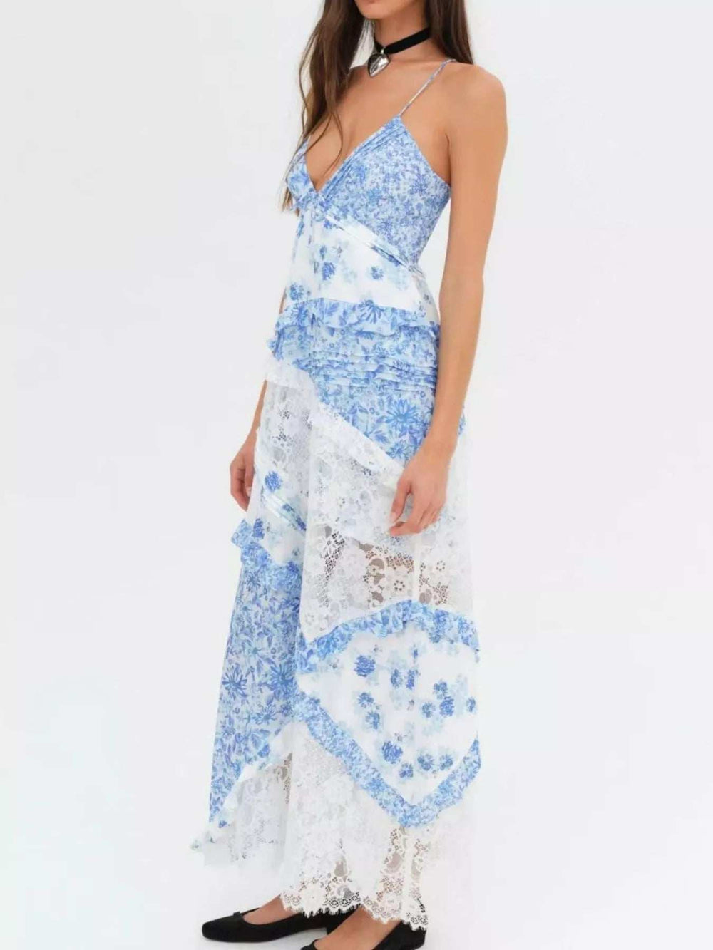 Lace Detail Ruffled Floral V-Neck Maxi Dress - Trendsi - Flyclothing LLC