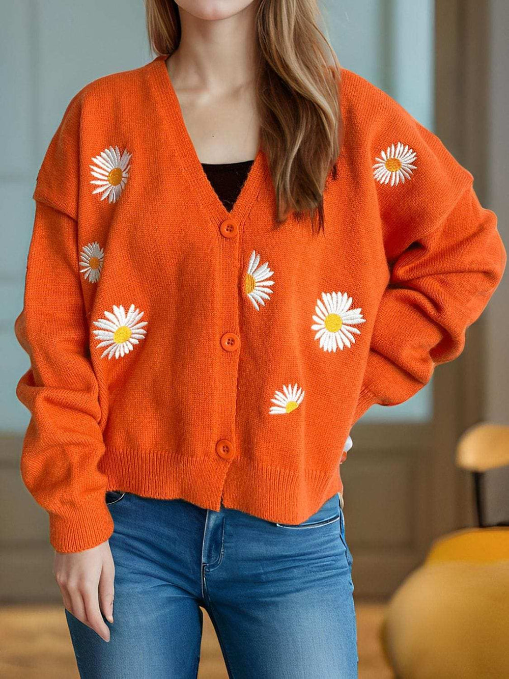 Daisy Button Up V-Neck Cardigan - Trendsi - Flyclothing LLC