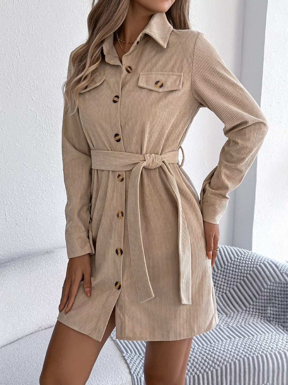 Button-Front Corduroy Shirt Dress - Trendsi - Flyclothing LLC