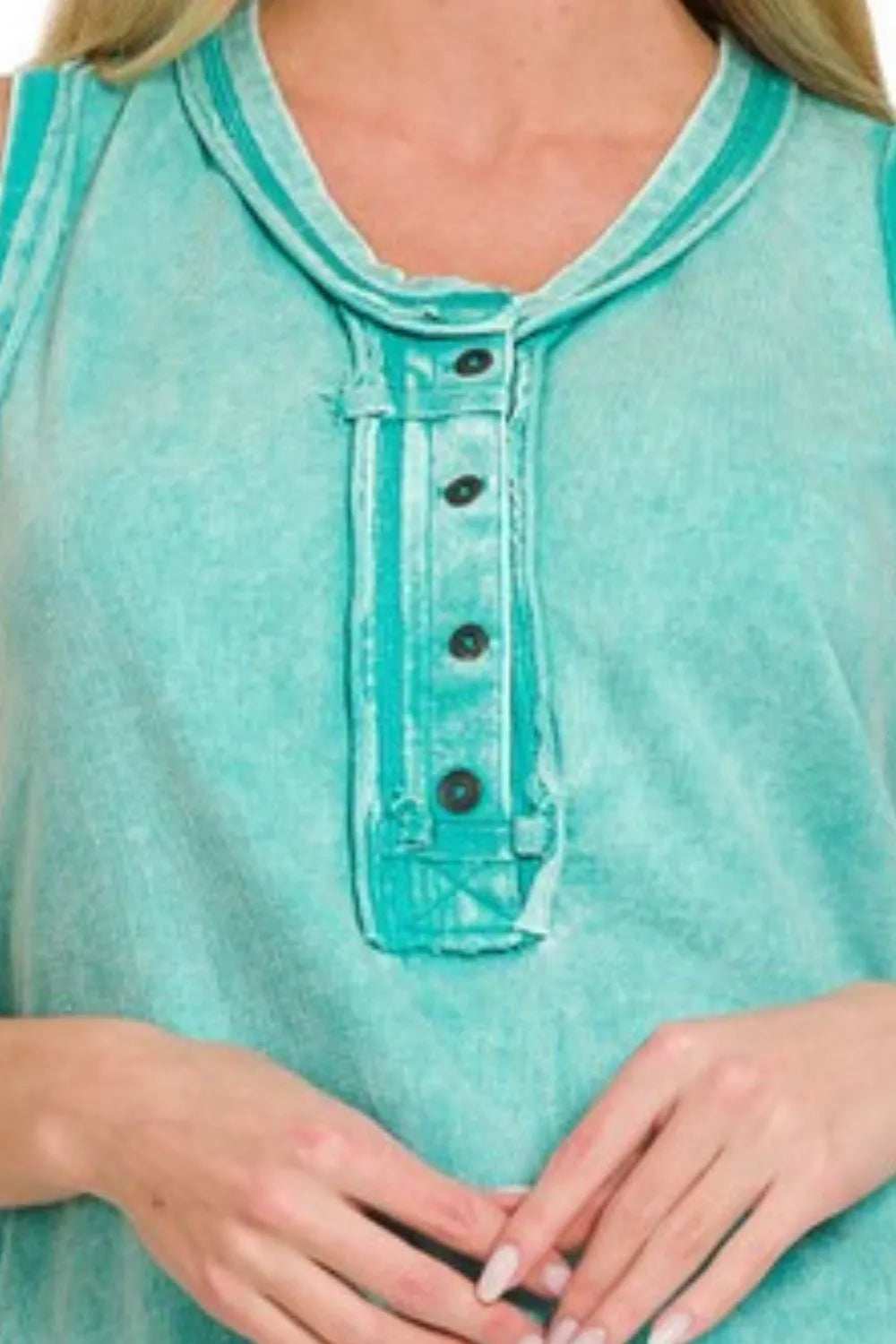 Zenana Washed Half-Button Raw Edge Sleeveless Henley Top - Trendsi - Flyclothing LLC