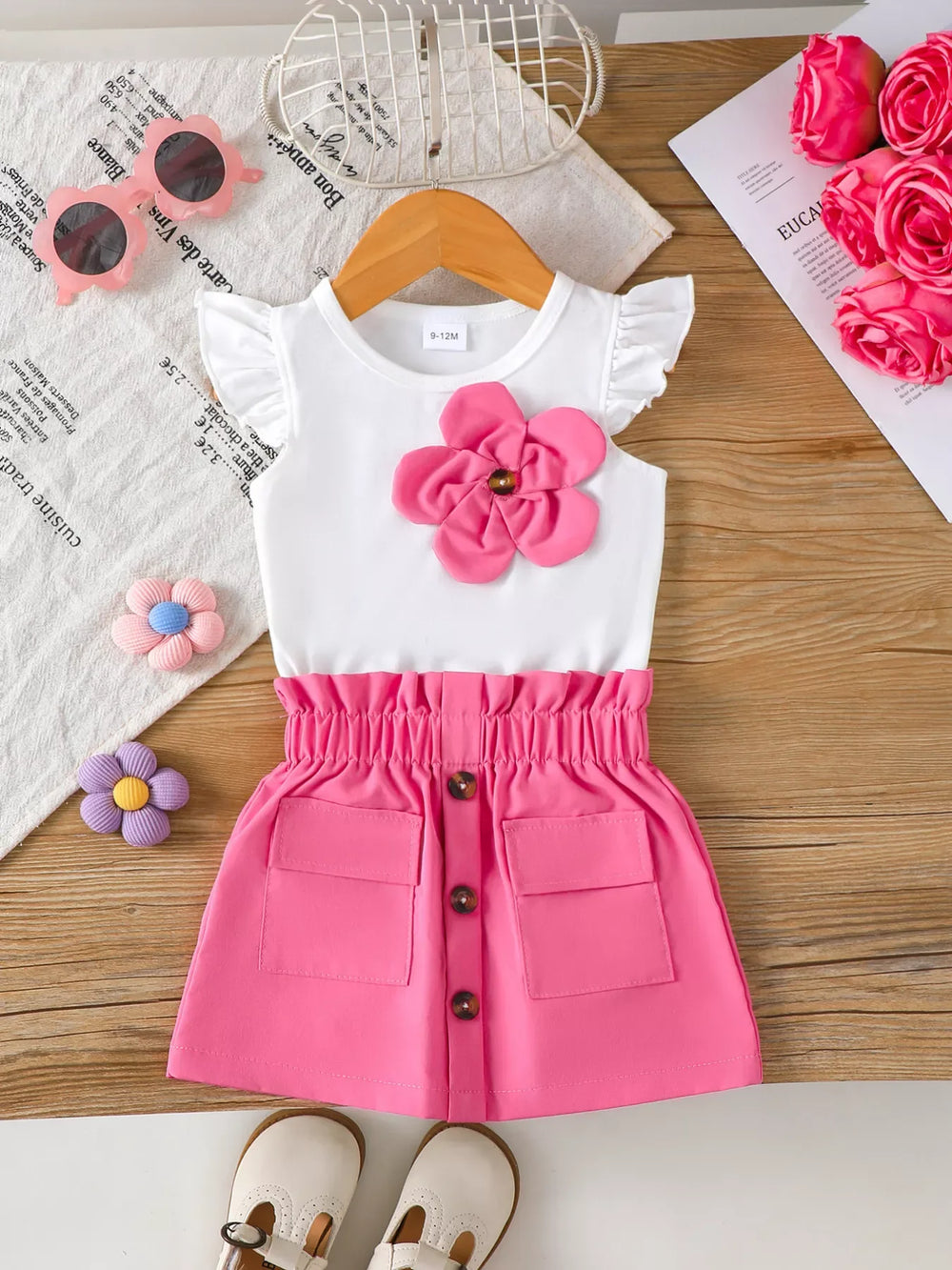 Children's Floral Applique Ruffle Sleeve Top & Skirt Set - Trendsi - Flyclothing LLC