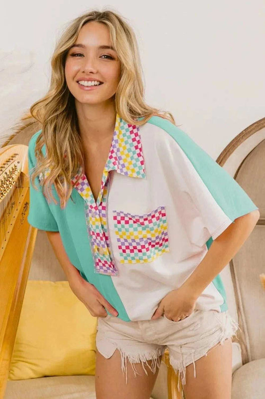 BiBi Color Block Knit with Multi Checker Contrast Top - Trendsi - Flyclothing LLC