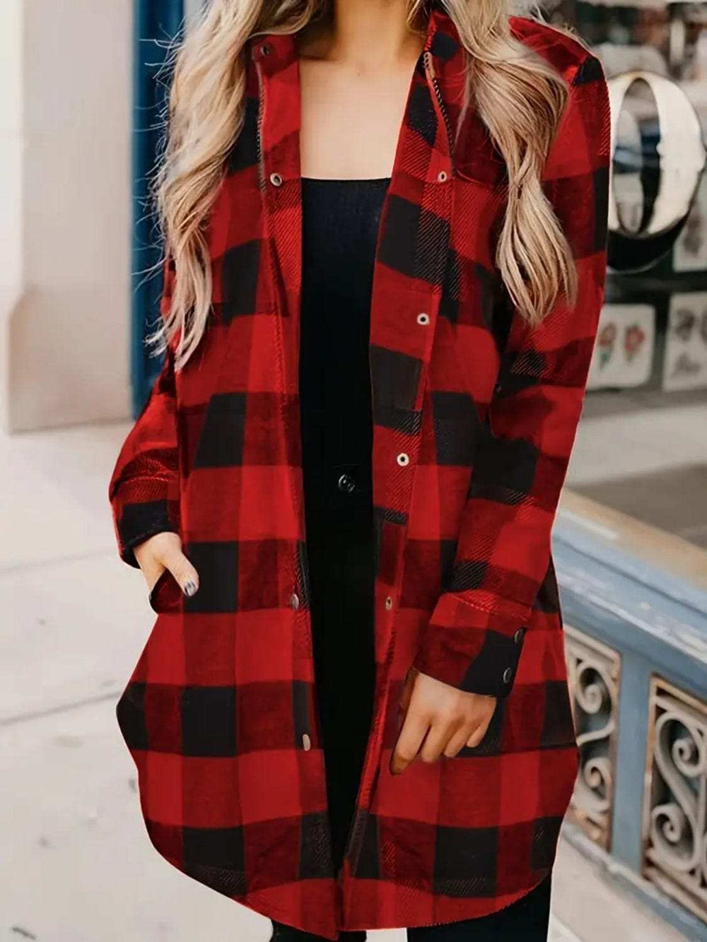 Plaid Collared Neck Snap Down Long Sleeve Jacket - Trendsi - Flyclothing LLC