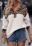 Waffle-Knit Leopard V-Neck Long Sleeve Blouse - Trendsi - Flyclothing LLC
