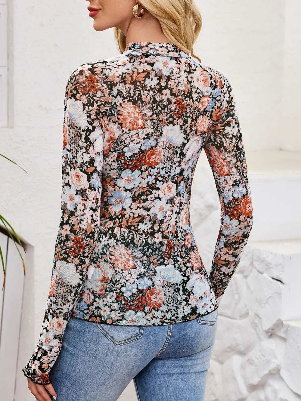 Floral Mock Neck Long Sleeve Top - Trendsi - Flyclothing LLC