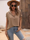 Half Button Hooded Short Sleeve Blouse - Trendsi - Flyclothing LLC