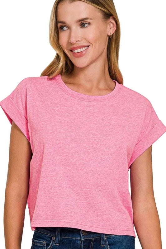 Zenana Rolled Sleeve Crop T-Shirt - Trendsi - Flyclothing LLC