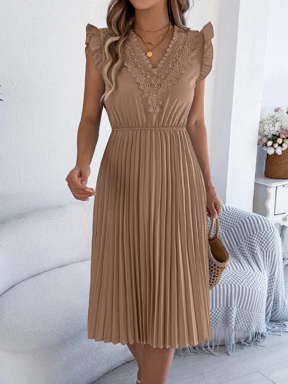 Lace Detail Ruffled Cap Sleeve Pleated Dress - Trendsi - Flyclothing LLC